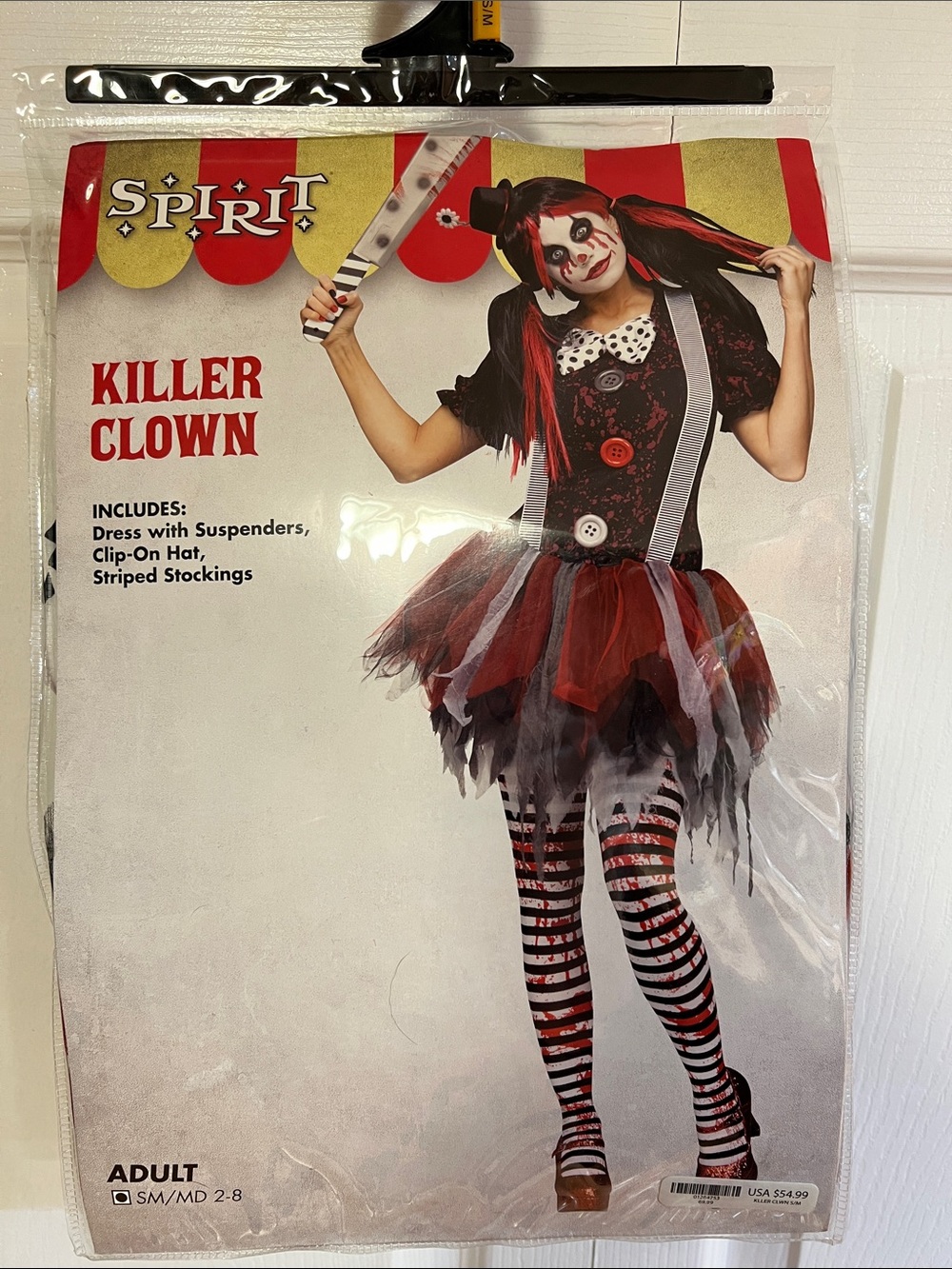 Spirit Adult Small Red and Black Killer Clown Costume with Striped Stockings